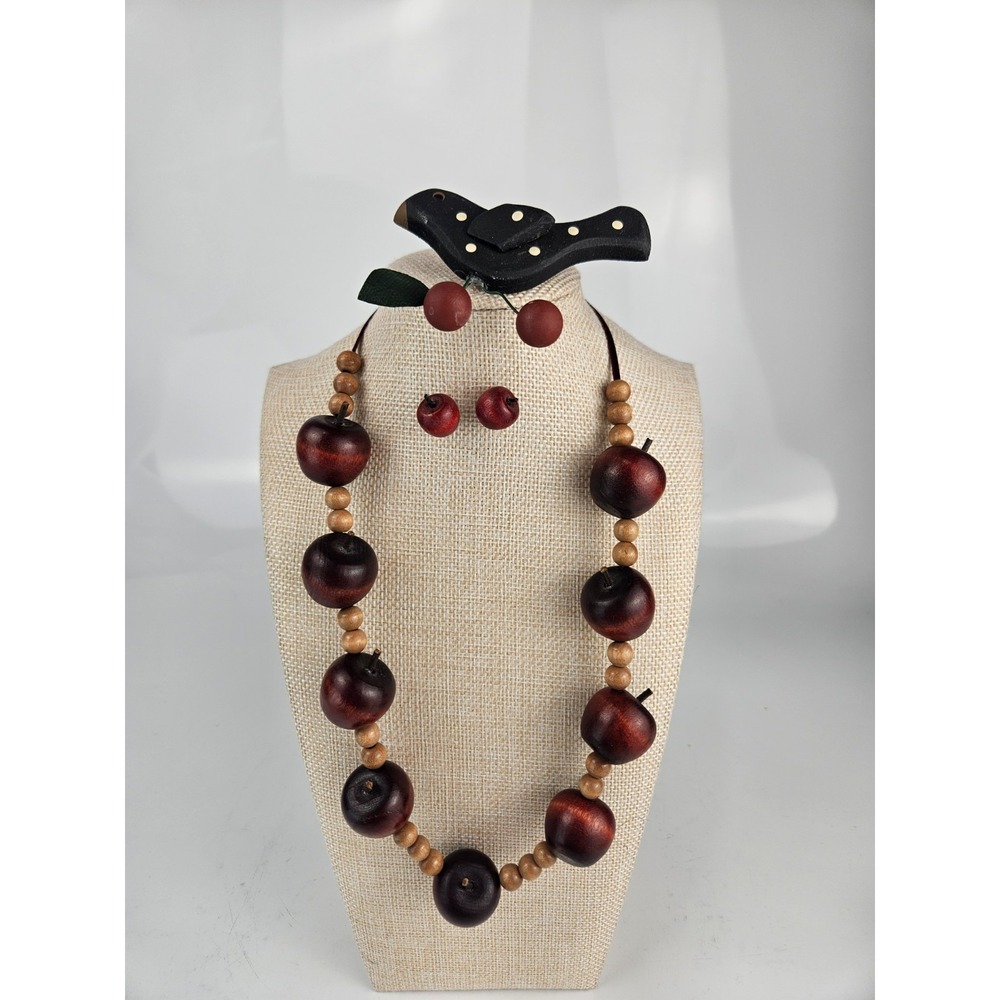 Wood Apple Bead Necklace Set Earrings Bird Brooch Cottagecore
